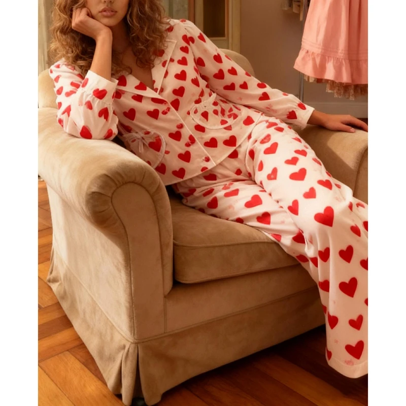 

Combhasaki Women Valentine's Day Dot/Heart Print 2Pcs Pajamas Outfits Set Long Sleeve Lapel Pocket Shirt+ Pants Sleep Loungewear