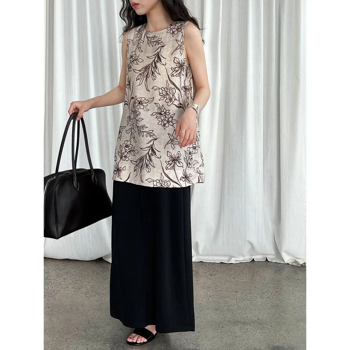 

French retro cotton and linen printed small shirt for women's summer new plant flower vest sleeveless top