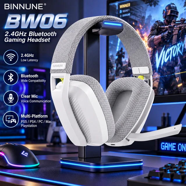 BINNUNE BW06 Fone de Ouvido Gamer Sem Fio 2.4GHz Bluetooth com Microfone para PS5 PS4 PC Mac PlayStation Headphone de Jogo com Microfone Headset Gamer Cancelamento de Ruído Áudio Imersivo