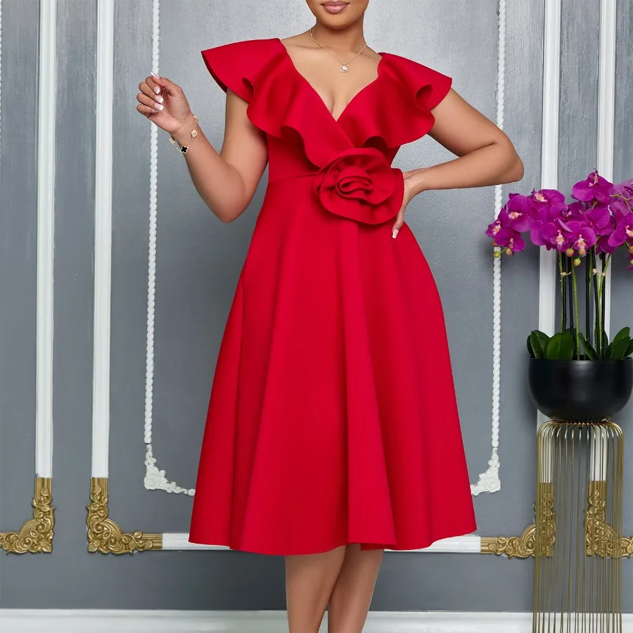 

【New style】D565 women's clothing V-neck ruffled three-dimensional flower skirt evening dress banquet dress