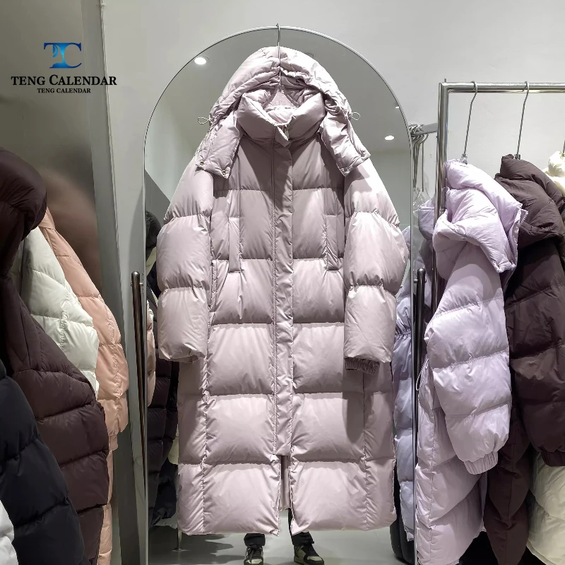 取り外し可能なフード付きダウンジャケット、膝丈まで伸びるゆったりとしたオーバーサイズコート、レディース2025年冬新作
