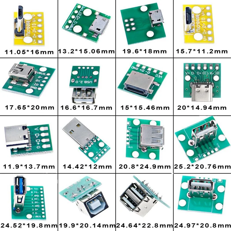 Mini connecteur USB vers DIP avec carte PCB, Micro-USB,USB 2.0,Type C,USB B,USB 3.0, ensemble d'adaptateurs de prise, 16 modèles