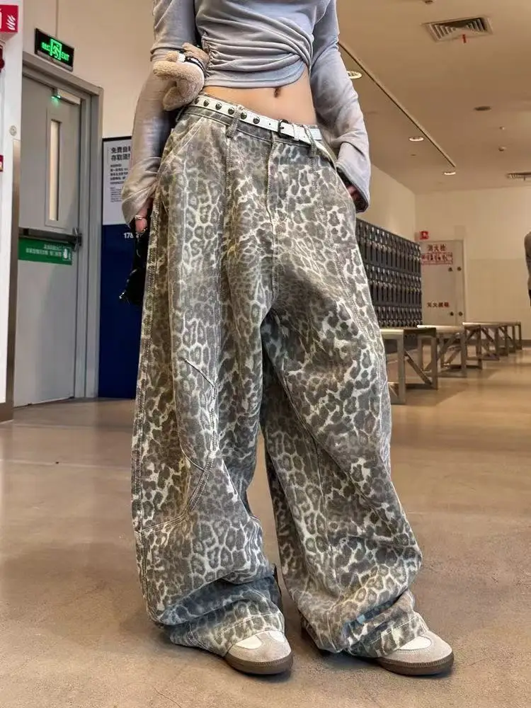 

Autumn New 2025 Retro Fashionable Leopard Print Washed Jeans Spice Girl Loose Pants Wide Leg Baggy Jeans Women