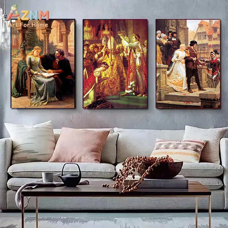 AZNM Medieval Royal Knight Classical Oil Painting Frameless Canvas Poster Vintage European Style Living Room Wall Art Decor