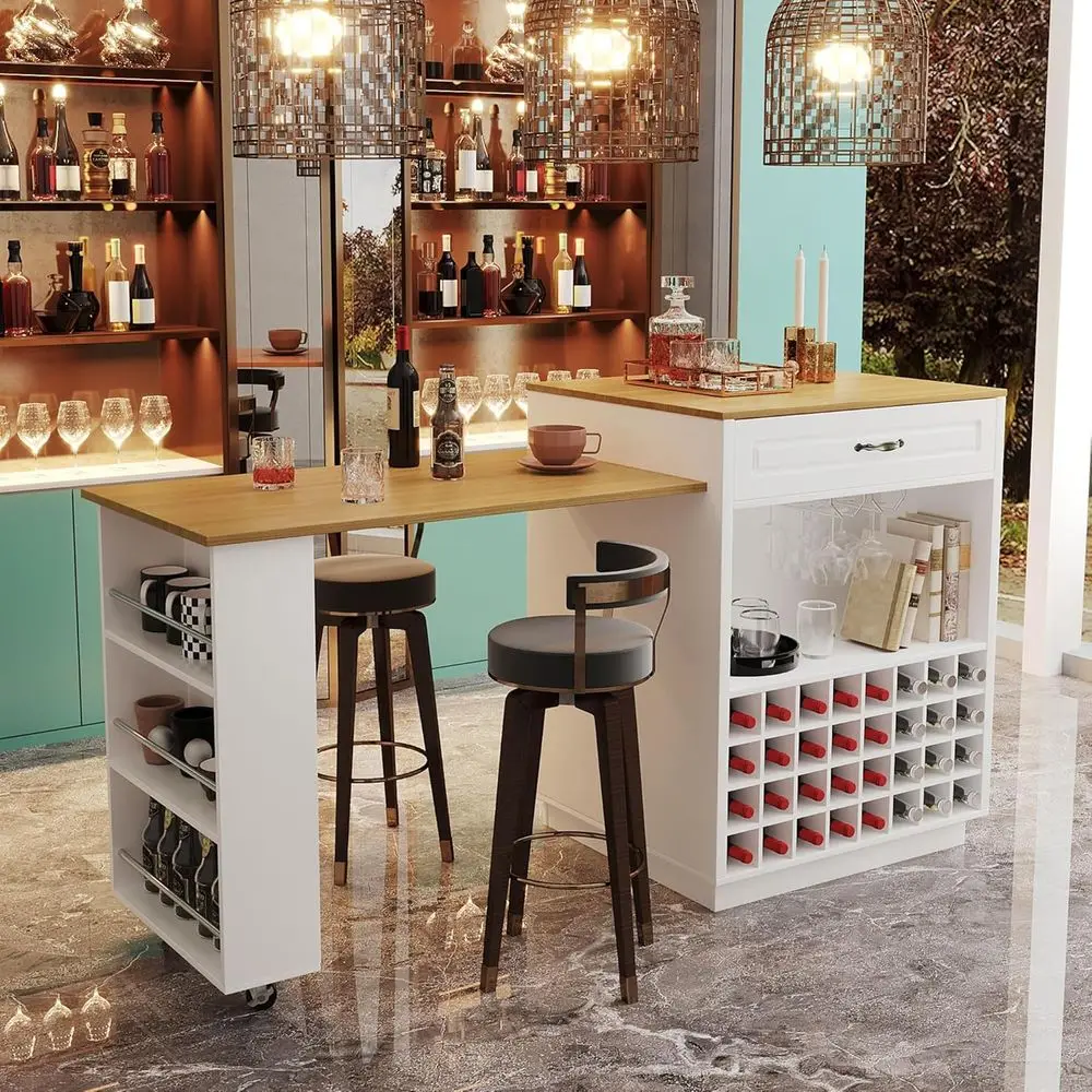 

73 Rolling Bar Cabinet with Granite Countertop, Wine Rack & Glass Holder, 5 Drawers, 1 Door Storage, Ideal for Home Bar or Dinin