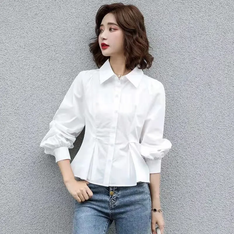 Stylish Lapel Button Spliced All-match Folds Lantern Sleeve Shirt Women\'s Clothing 2022 Autumn New Casual Tops Loose Chic Blouse