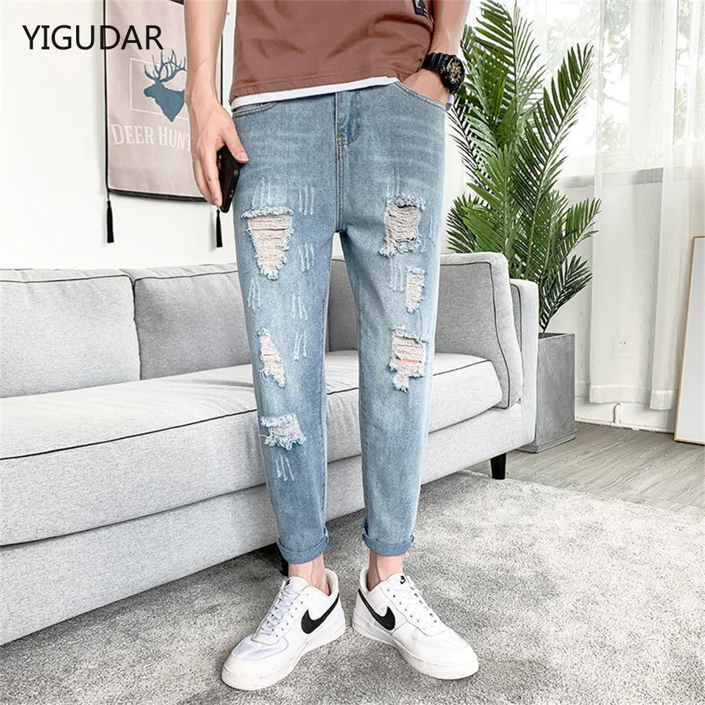 

Men's Ripped Jeans Summer Hip Hop Harem Jeans Men Loose Denim Pants Casual Korean Washed Denim Trousers Personality Trend Jeans