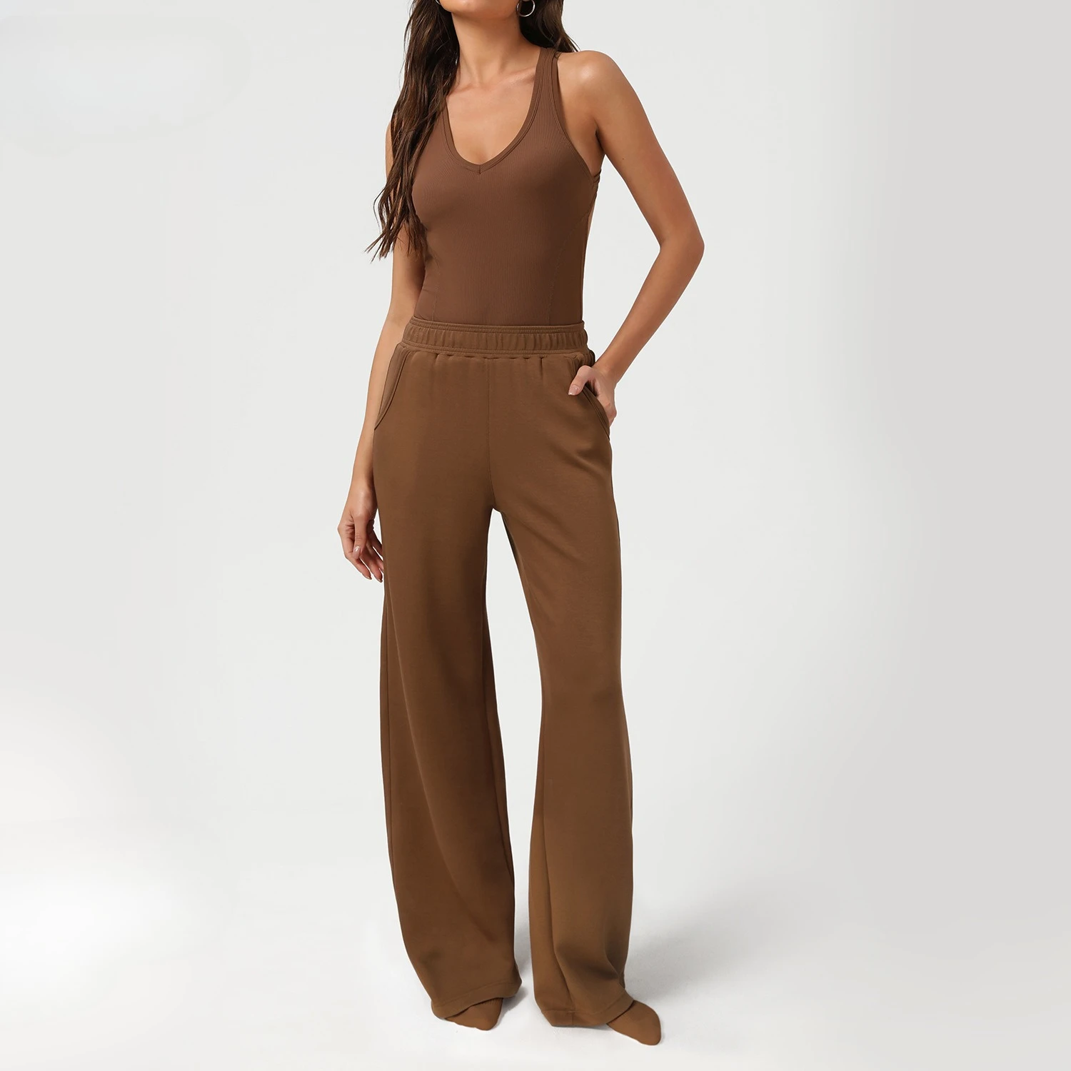 Women 2Pcs Yoga Clothes Ribbed Criss Cross Back Sports Jumpsuits + Wide Leg Sports Pants Casual Pilates Dance Workout Outfit Set