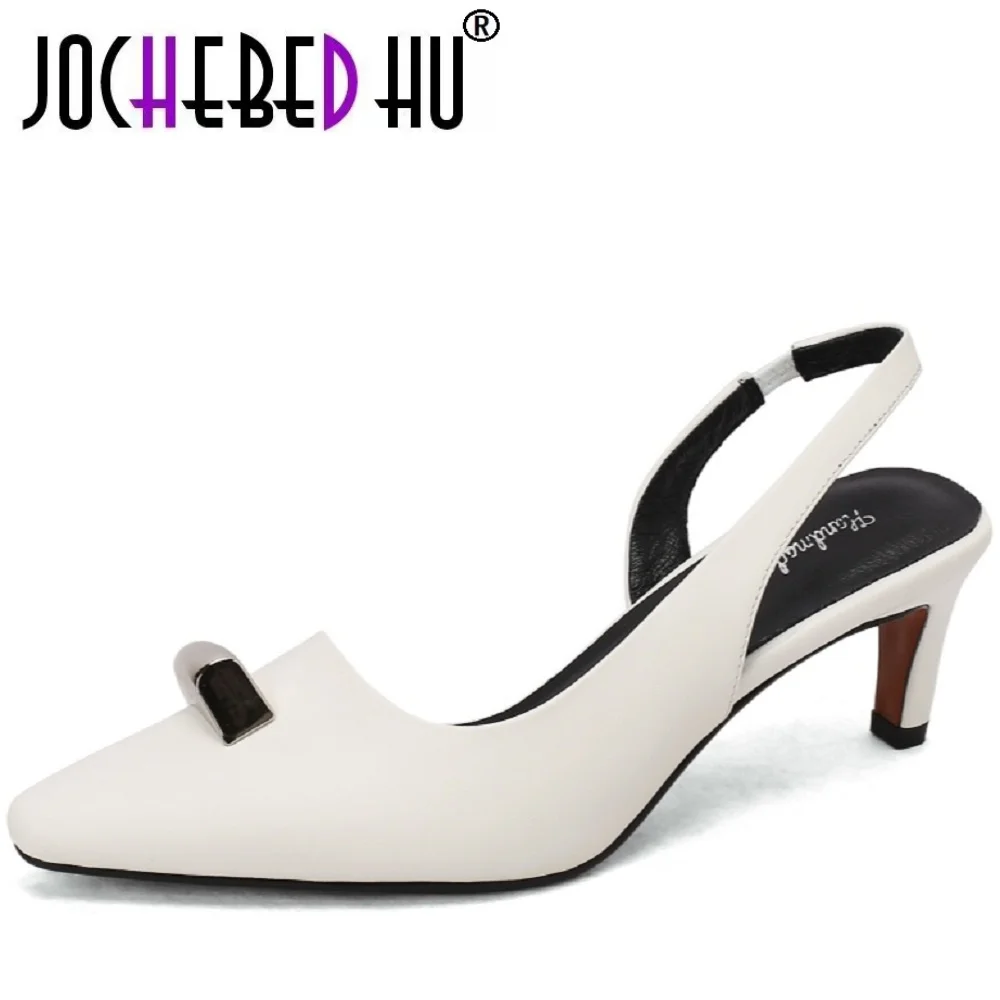 【JOCHEBED HU】Designer Metal Handmade Genuine Leather Pointed Toe New Open Toe Mid Heel Shoes Women's Sandalias Femininas