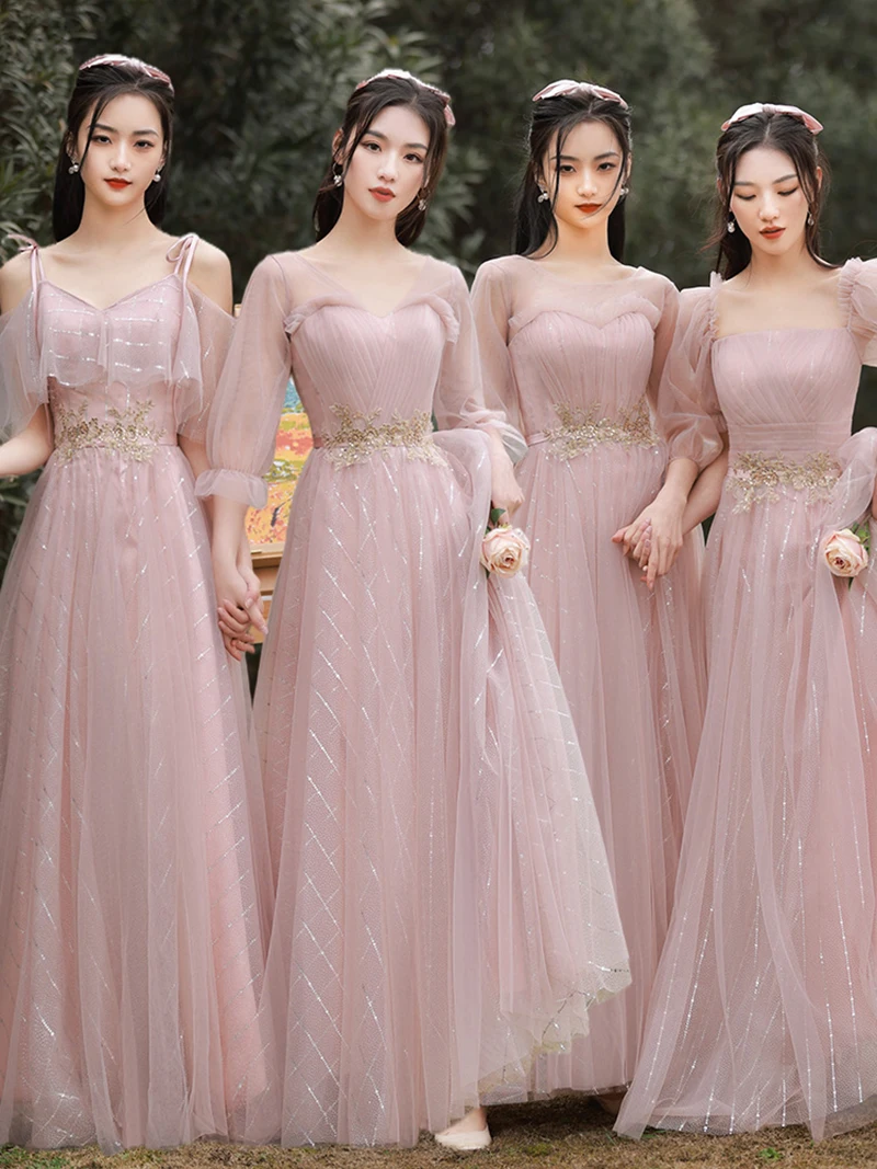 

Pink Bridesmaid Dress Long Slim Wedding Evening Dress Waist European Style Bandage Women New Summer Sisters Dresses