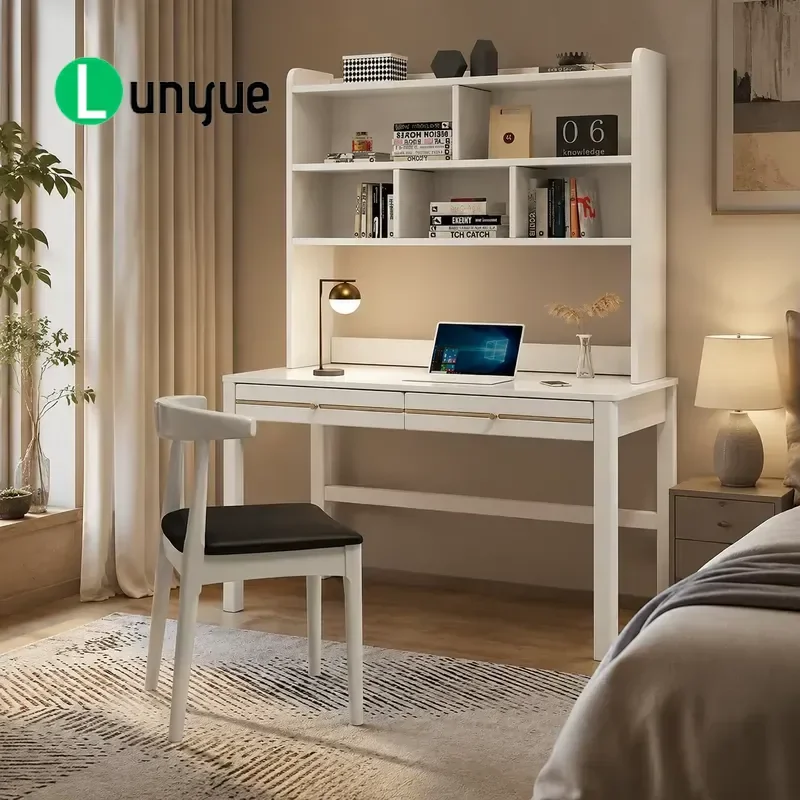 Solid Wood Computer Desk with Bookshelf New Chinese Style Easy Assembly Home Office Writing Desk for Study Room Space Saving