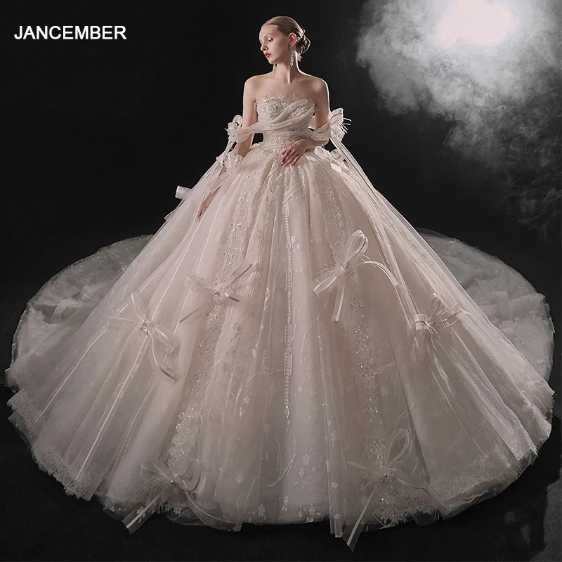 Jancember Gorgeous Princess Wedding Dresses For Women 2024 Bride Strapless Ball Gown Beading Bow Vestidos De Novia LSMX061