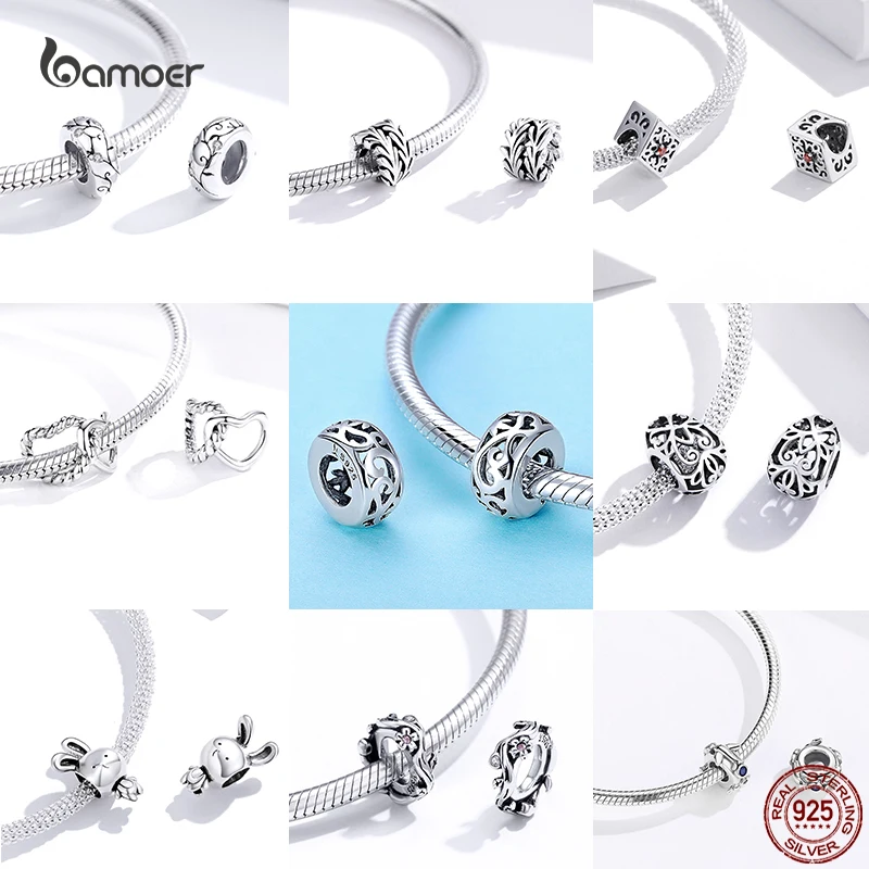 Bamoer 100% 925 Sterling Silver Vintage Heart Pattern Butterfly Rabbit Charms Beads Fit Original DIY Bracelet & Necklace Jewelry