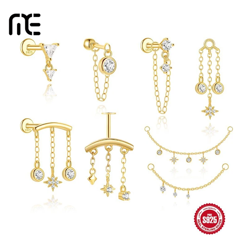 1PC S925 Sterling Silver Vertical Helix Piercing Jewelry,Trendy Flat Back Dangle Chain Helix Earrings for Sensitive Ears