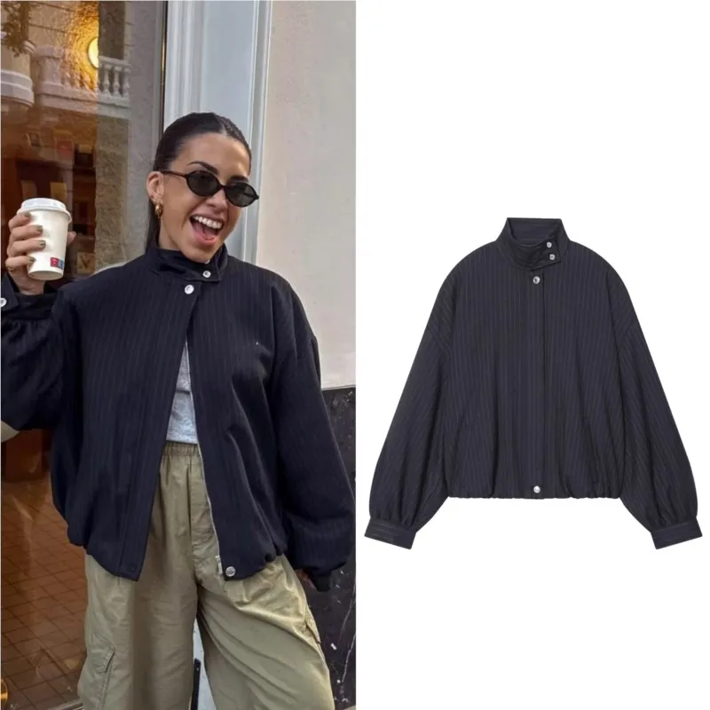 

NERHEFZ Women's Pinstripe Pilot Jacket Fashion Stand Up Collar Long Sleeve Jackets Casual Vintage Coats Female Loose Tops