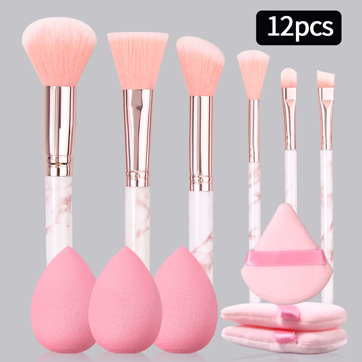 12PCS pink set 6pcs marble brush set +3pcs super soft and delicate powder free makeup egg +3pcs soft setting triangle Puff