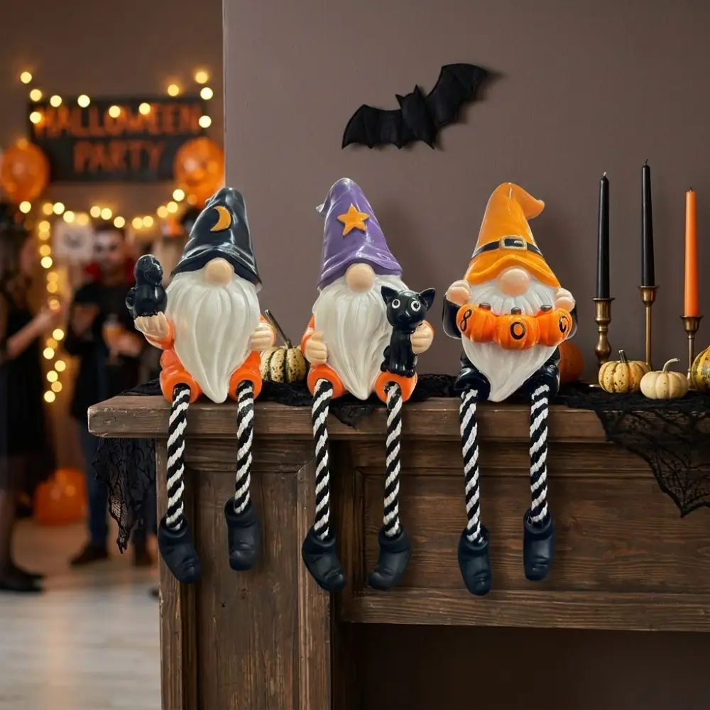 Hand-Painted Halloween Gnome Shelf Sitter Spooky Resin Crow Black Cat Gnome Figurine Striped Legs Pumpkin