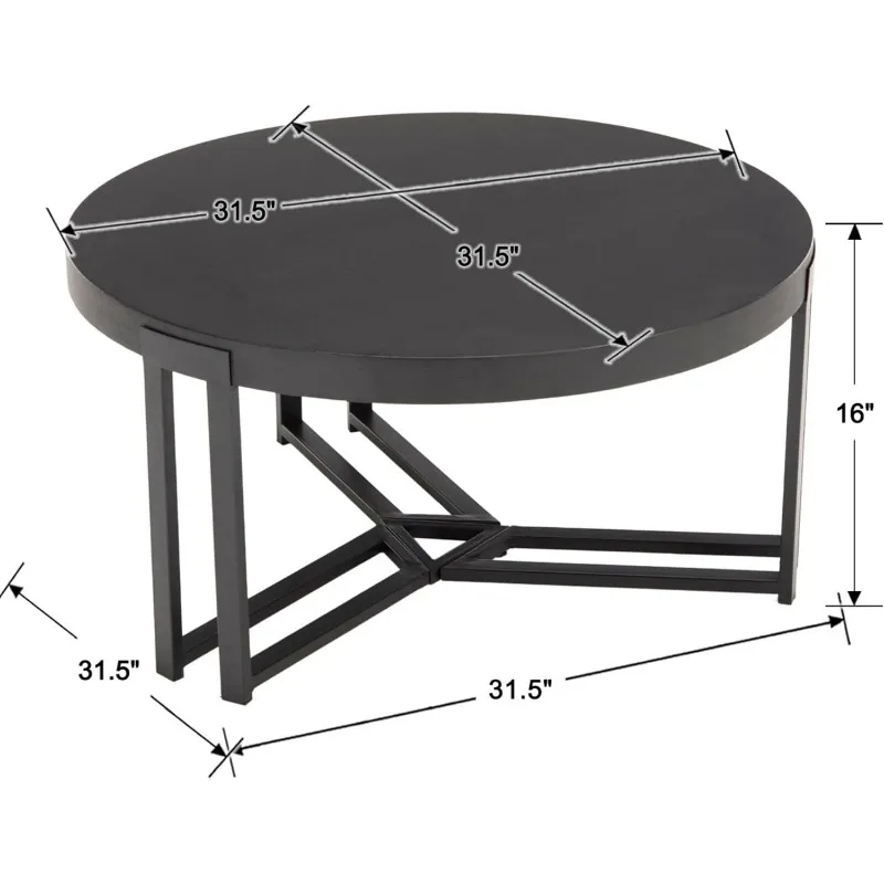 Meja kopi bulat 31.5 inci, untuk ruang tamu, Meja tengah kayu hitam Modern dengan kaki logam, meja teh koktail unik kecil