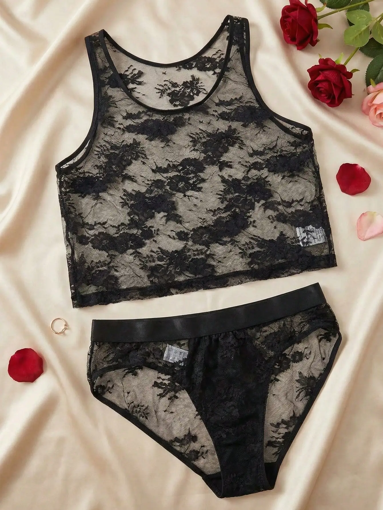 

Black Floral Lace Lingerie Set - Sheer Crop Top & Briefs for Evening Wear