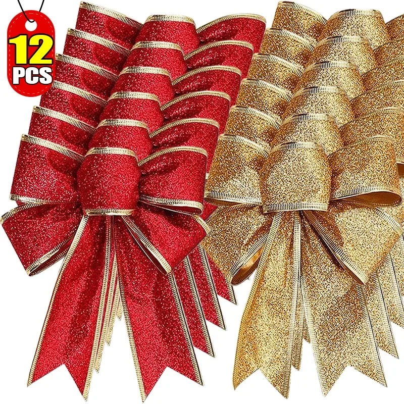 Large Christmas Glitter Bow Gold Red Xmas Tree Ribbon Bowknot Hanging Pendants Ornaments for New Year Party Home Decor Gifts