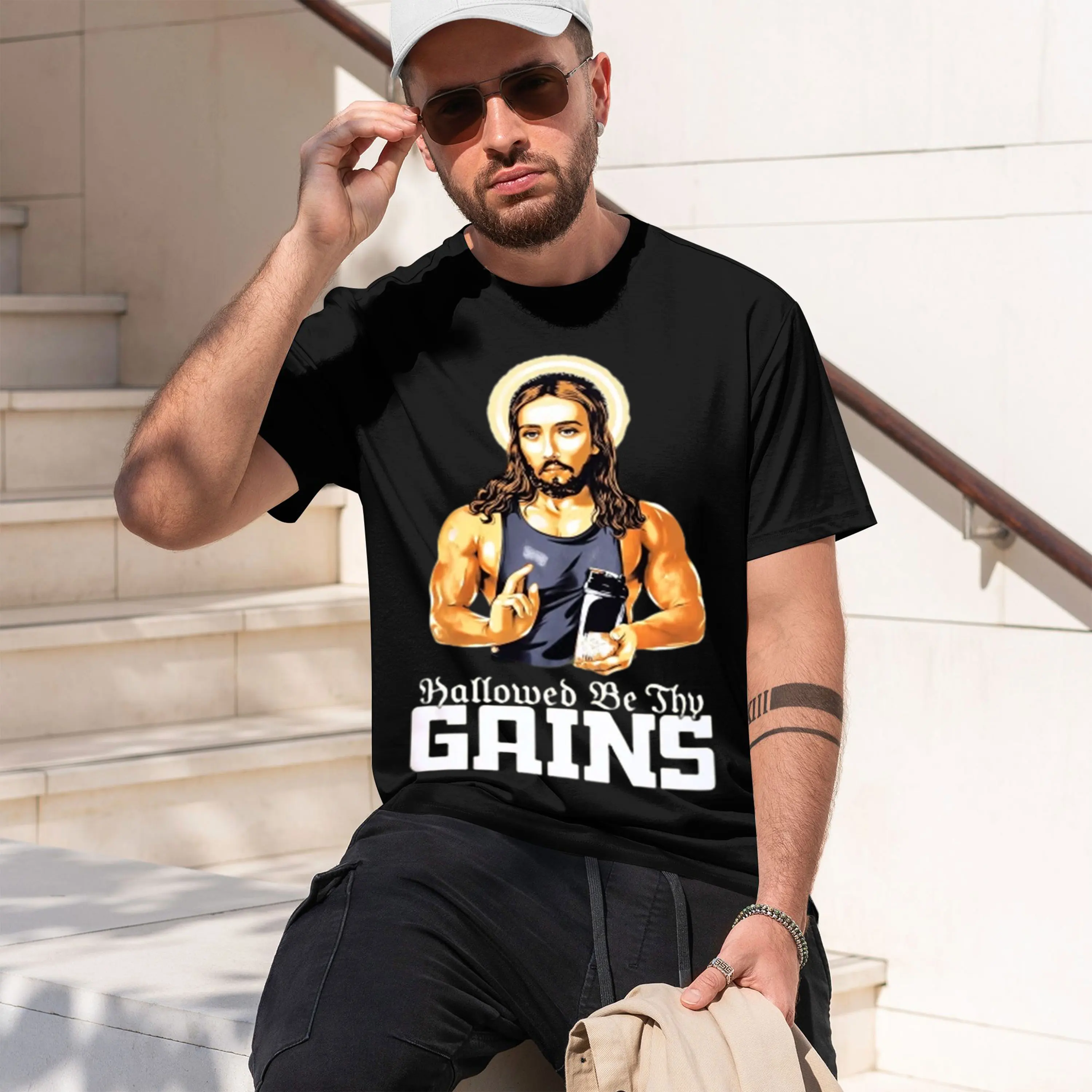Hallowed Be Thy Gains | Funny Muscle Jesus Weight Lifting out Humor Tank Graph T Shirts Streetwear Men Clothing 2026 New Model S