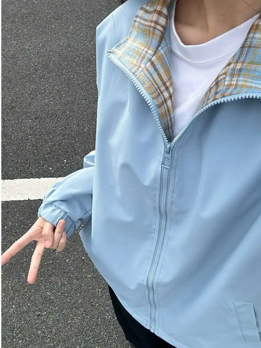 

Plaid Patchwork Jaet Men's Spring Autumn Retro Design Hatl irt American Collar Couple Outerwear Blue Beige