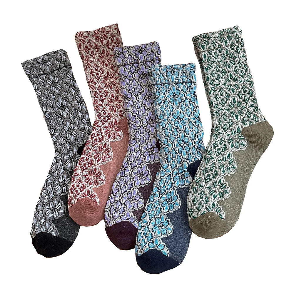 5-Paar Mode Neue Bodensocken Für Frauen Baumwolle Kawaii Blumendruck Herbst Winter Lange Bequeme Niedliche Socken Set Designer Socken
