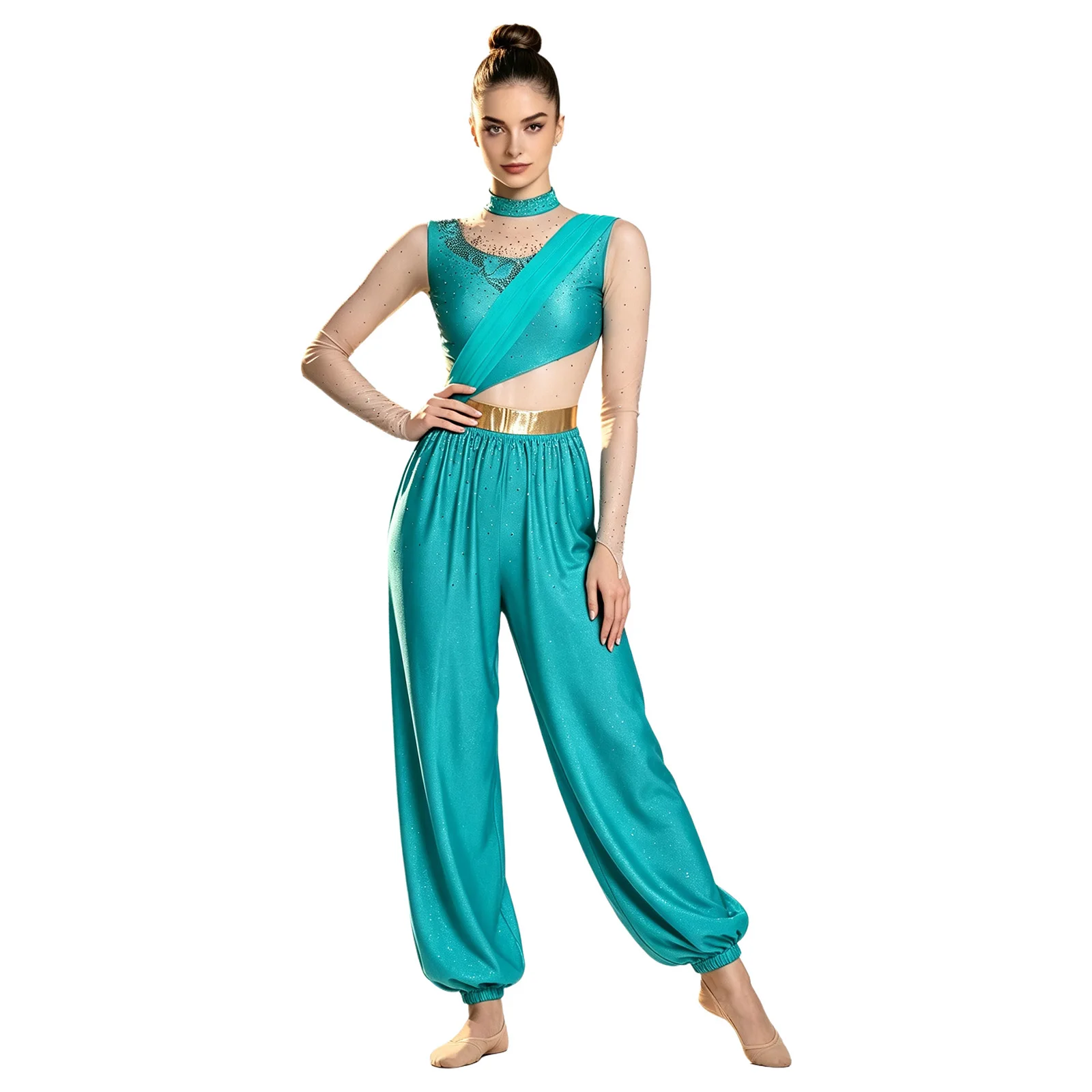 Women Rhinestones Belly Dance Outfits Fairy Tale Princess Costume Sheer Mesh Long Sleeve Metallic Waistline Unitard Jumpsuit