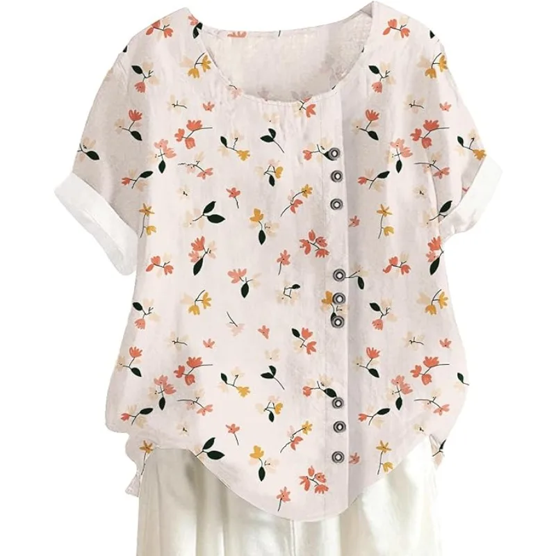 

Women's Cotton-Linen Floral Animal Print Short Sleeve Shirt Summer Women's Casual Pastoral Shirt Top Crew Neck Short Sleeve