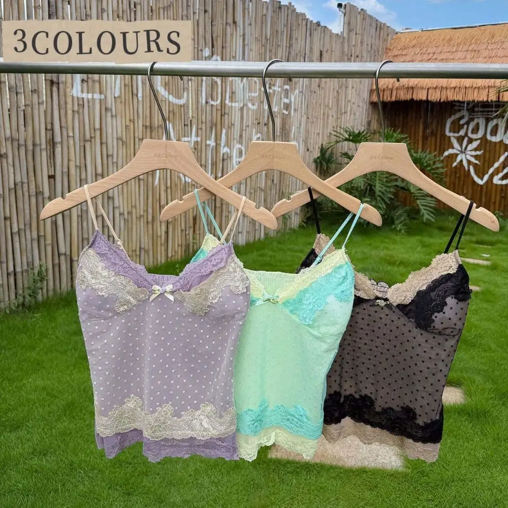 Slim Fit Women’s Tank Tops Lace Trim Spaghetti Strap Summer Lace Camisole Breathable Versatile Double-layer Polka Dot Crop Tops