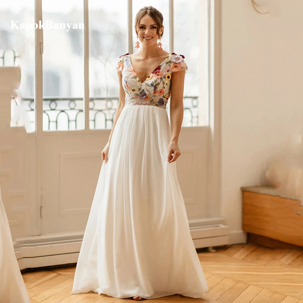 Vestidos de novia línea a con cuello en V y flores en 3d, vestidos de novia largos sexis con espalda descubierta, vestido de fiesta de boda con tren de barrido, vestidos de novia bohemios