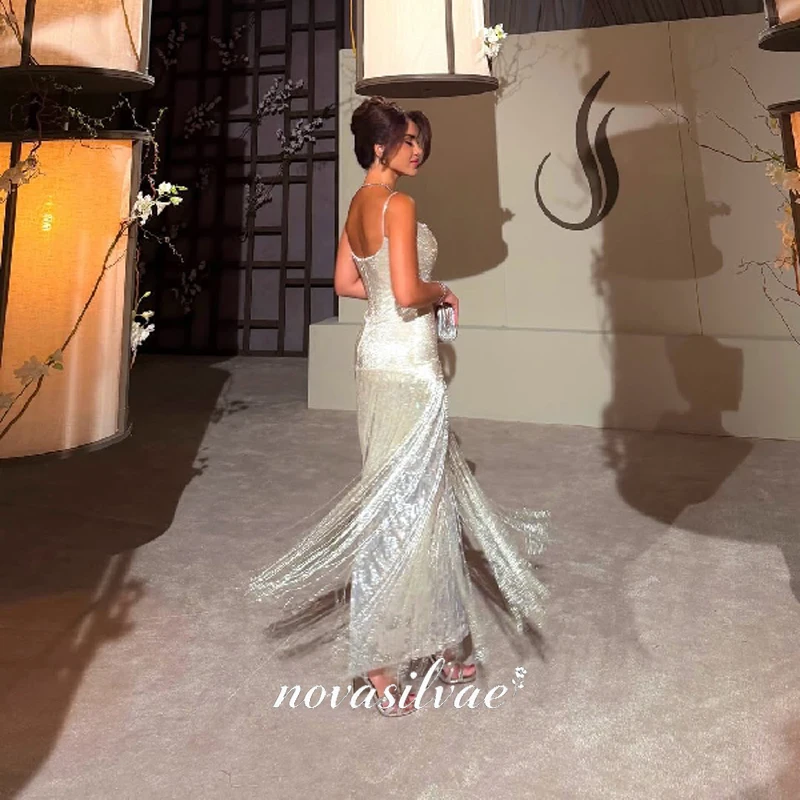 Glamorous Shiny Silver Tassel Hem Spaghetti Straps A-Line Modern Formal Birthday Party Prom Evening Dresses Nova Customized Gala
