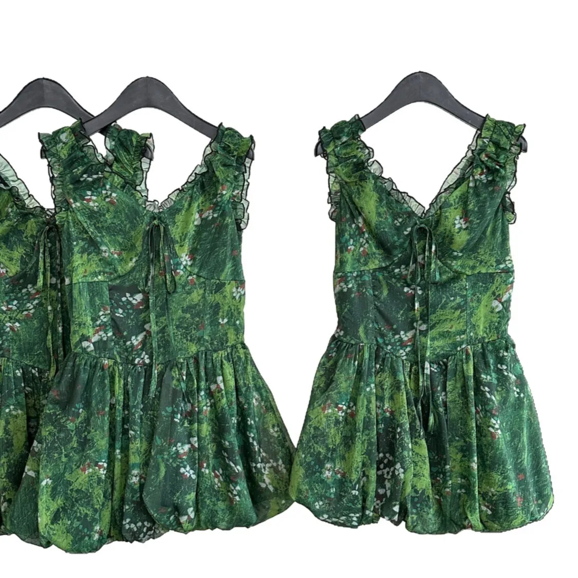 UMI MAO Summer Dress Elegant Forest Elf Girl Sensation Ink Green Chiffon Mushroom Edge Bubble Skirt Dress