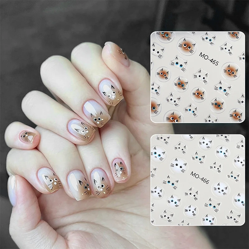 Kawaii Cute Cat Nail Art Sticker Decals 3D Cartoon Animals Bowknot Flower Self Adhesive Gel Nail Sliders Tattoo Sticker Manicur