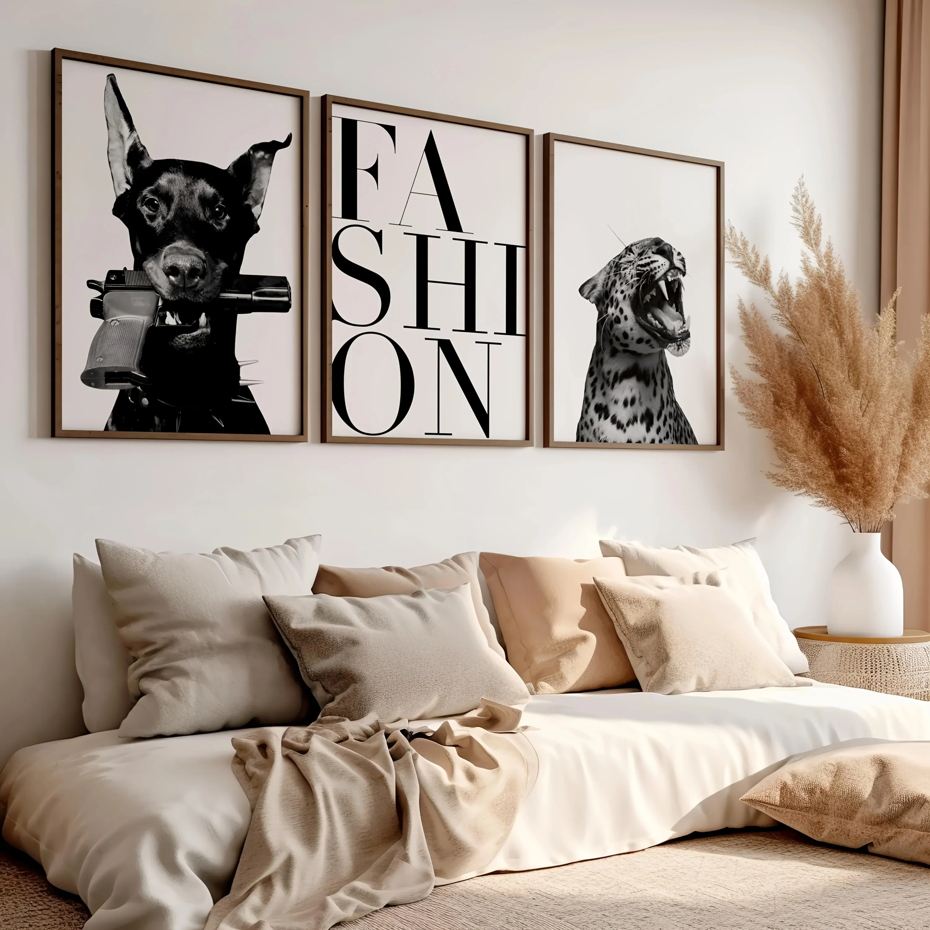3PCS Doberman & Leopard Black White Grey Animal Poster Minimalist Dog Lover Gift Modern Wall Art Canvas Paintings For Room Decor