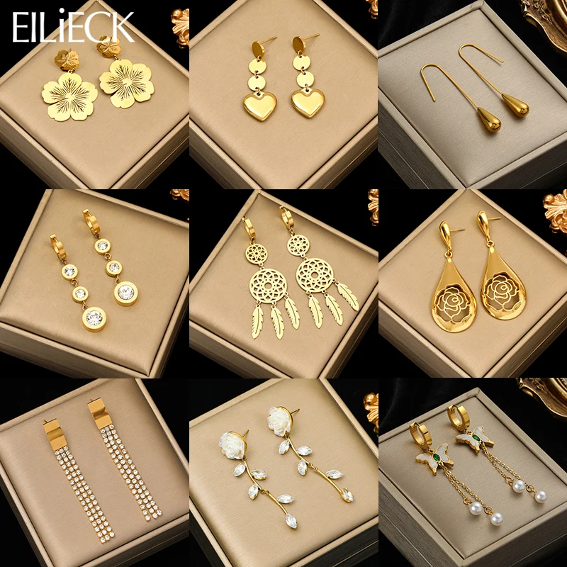 Женские серьги-подвески EILIECK из нержавеющей стали 316L с цветком, сердцем, бабочкой, модные серьги-подвески с золотым покрытием