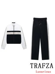 TRAFZA Vintage Casual Chic Women Suit Patchwork Zipper Stand Collar Jacket Straight Loose Pants Fashion 2024 Autumn Holiday Sets