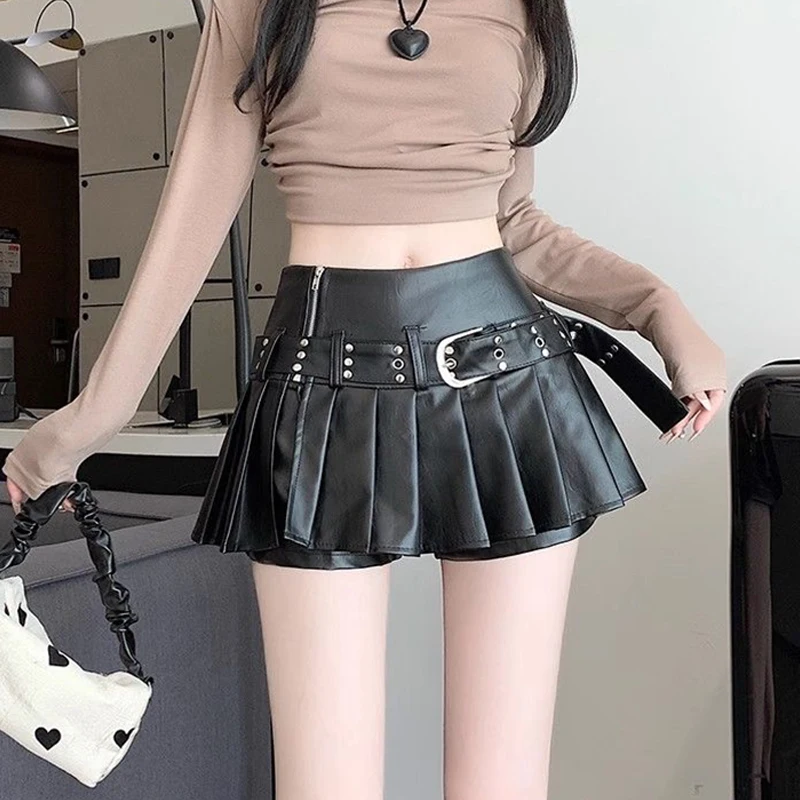 Jupe demi-corps en cuir PU noir rétro pour femme, pantalon court plissé, taille haute, ligne a, doux et épicé, automne