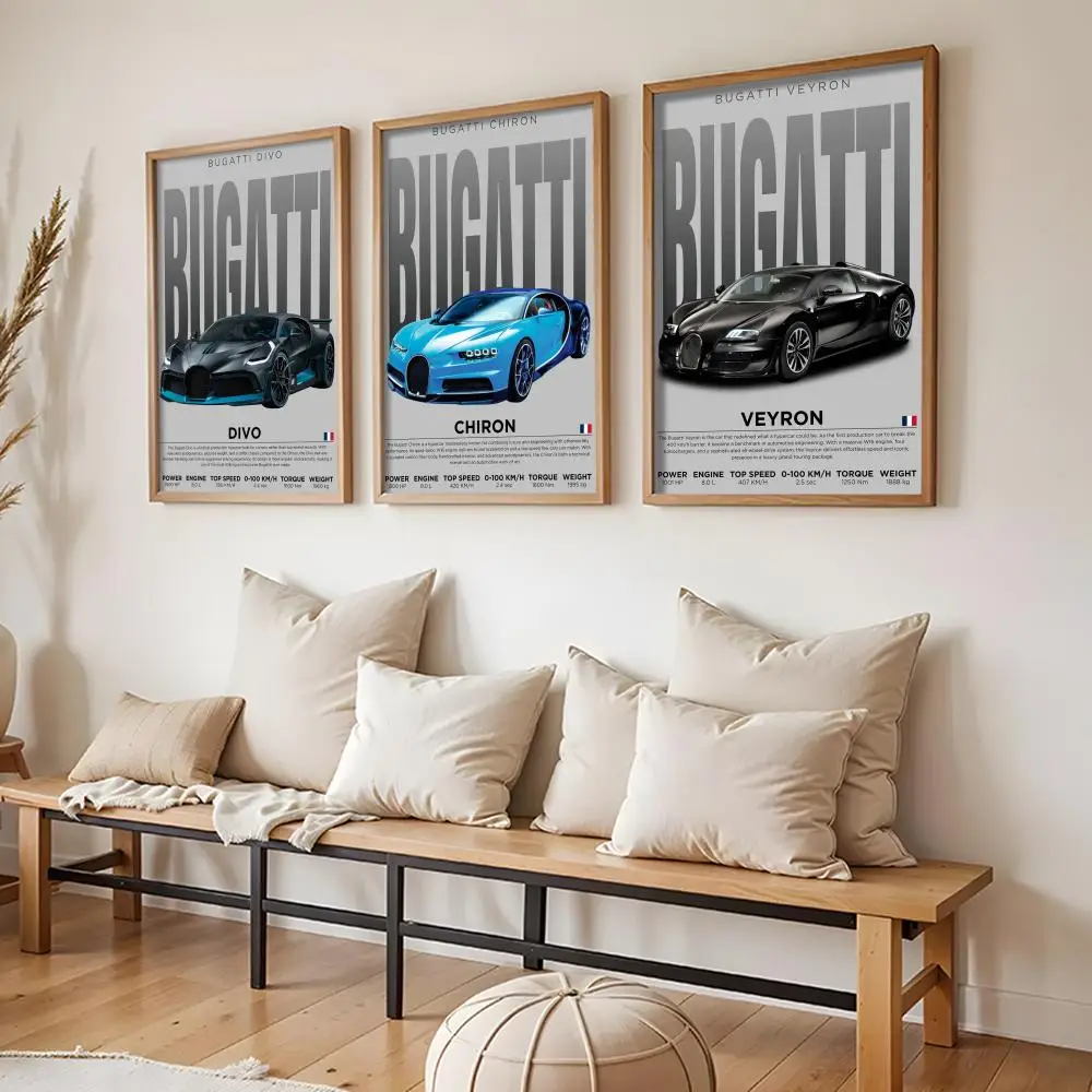 B-Bugatti CAR Poster Stickers HD Painting Self-Adhesive Art for Bedroom Living Room Home Decor Modern Wall Decals Gift