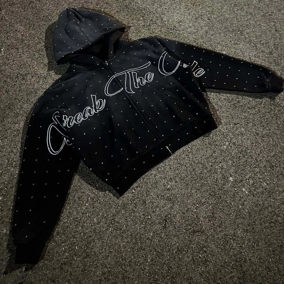 Autumn Winter New Hooded Sweatshirt Trendy Brand Fashion Personalized Street Couples Unisex Rhinestone Cardigan Clothing