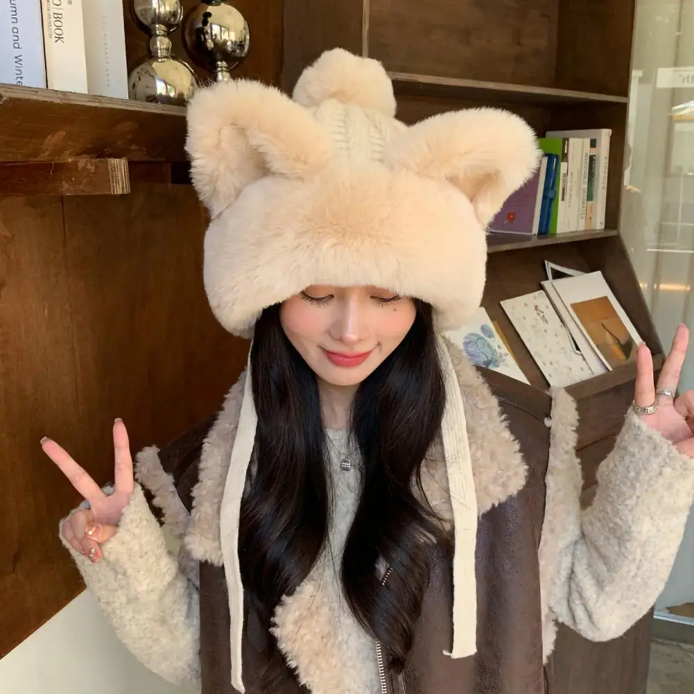 

Solid Color Winter Hat Winter Cute Car Ear Shape Plush Hat Women's Lace-up Ear Protection Hat Children's Cute Cat Ear for Winter