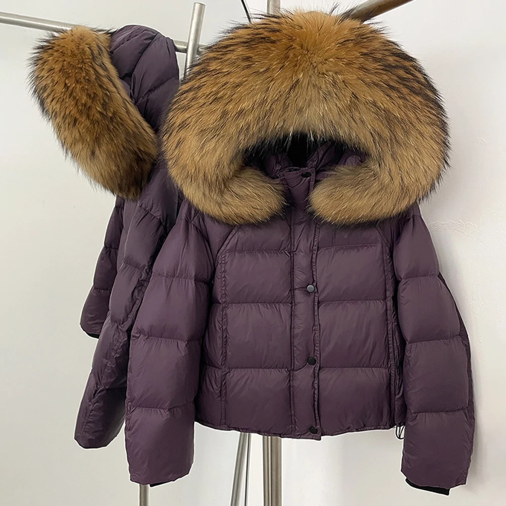 Abrigo de plumón de pato blanco con capucha, chaqueta gruesa de piel de realidad femenina, ropa mullida de piel para otoño e invierno, Caot de piel de zorro Real para mujer 2025