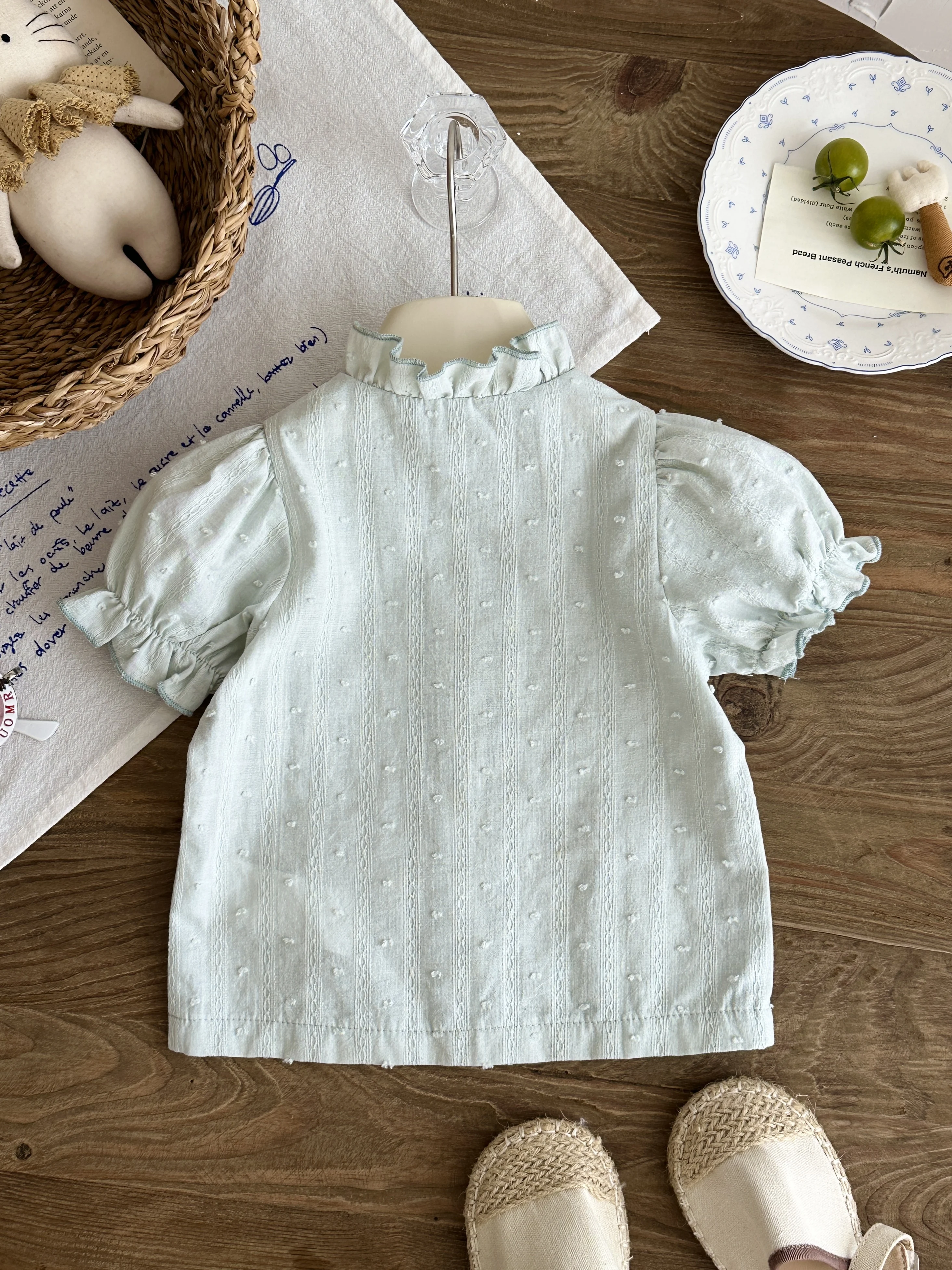 Baby Girl Mint Green Textured Shirt Frill Neck Puff Sleeve Button Front Casual Top