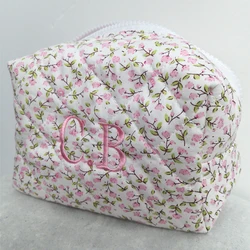 Personalized Floral Makeup Bag Women's Cotton Fabric Storage Bag Travel Toiletry Bag Custom Embroidered Birthday Gift for Girls