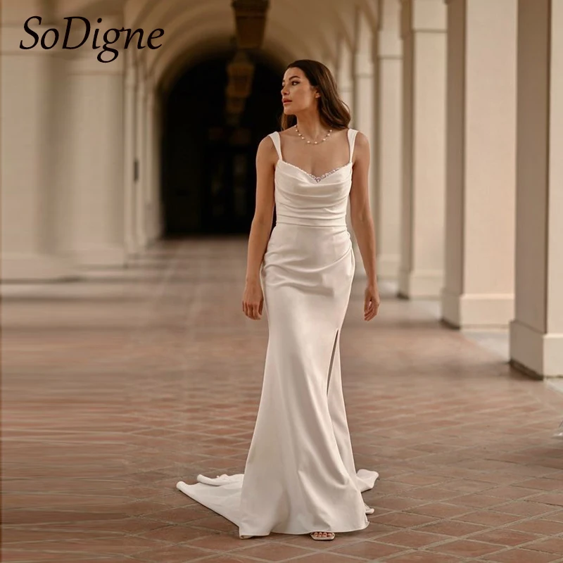 

SoDigne Simple Mermaid Satin Wedding Dress V-neck Sleeveless Woman Beach Beading Backless Split Bridal Gowns robe de mariée