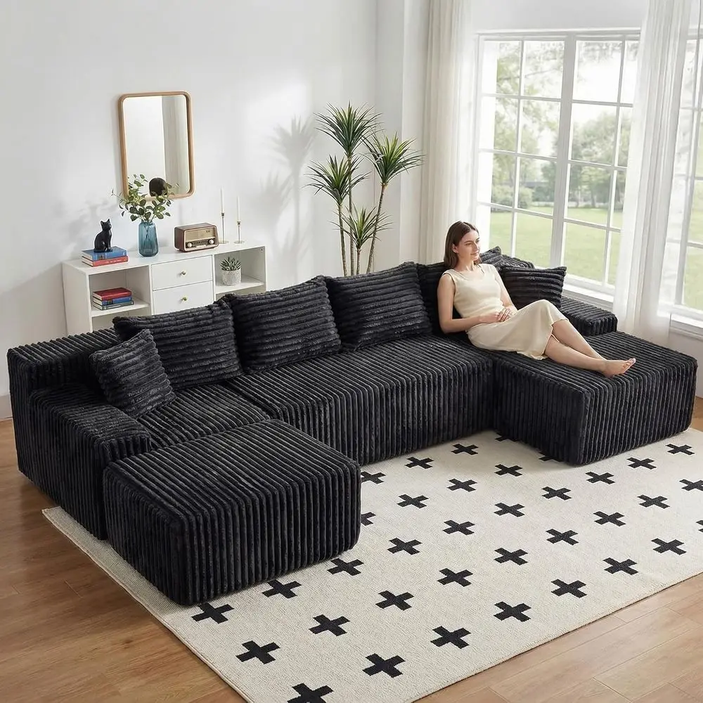 

Large Deep Seated Cloud Sectional Sofa in Black Corduroy for Living Room