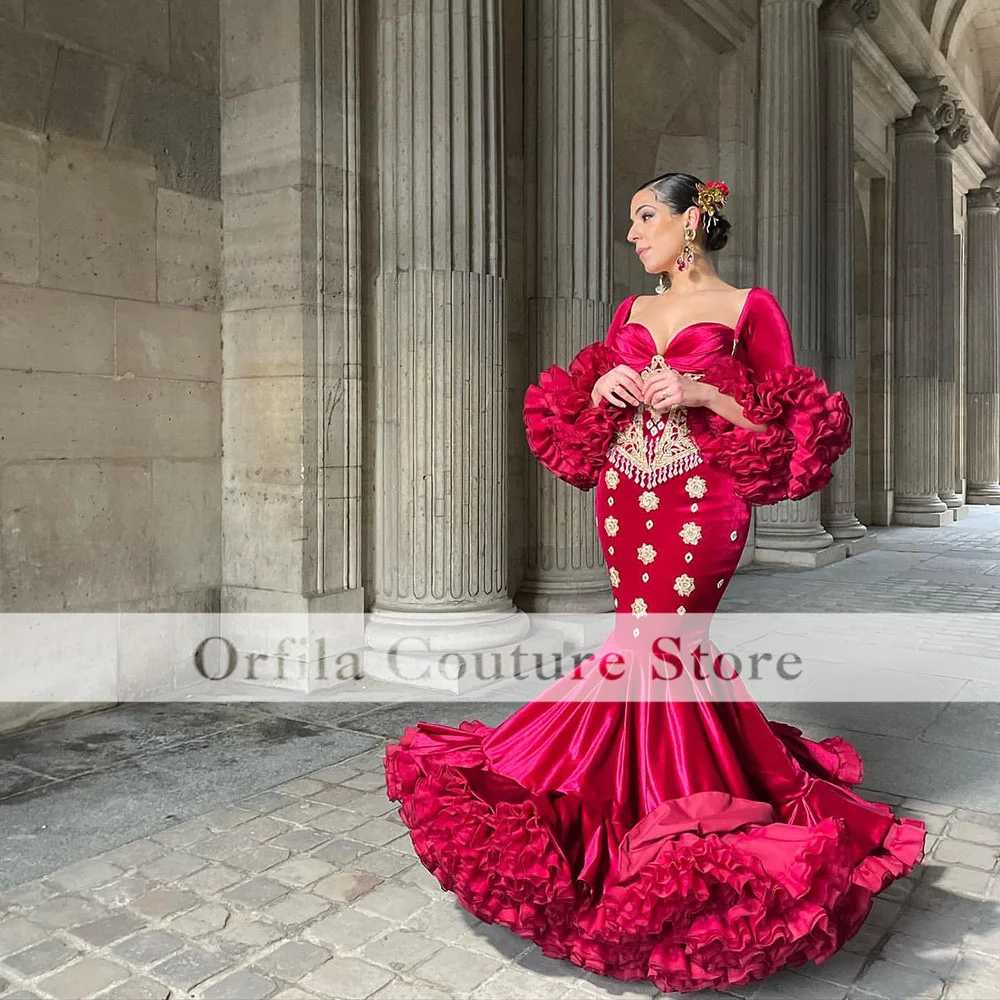 Gypsy Dancing Prom Dress for Women Long Sleeves Red Velvet Beads Formal Party Gowns V Neck Ruffles Evening Occasion Gowns