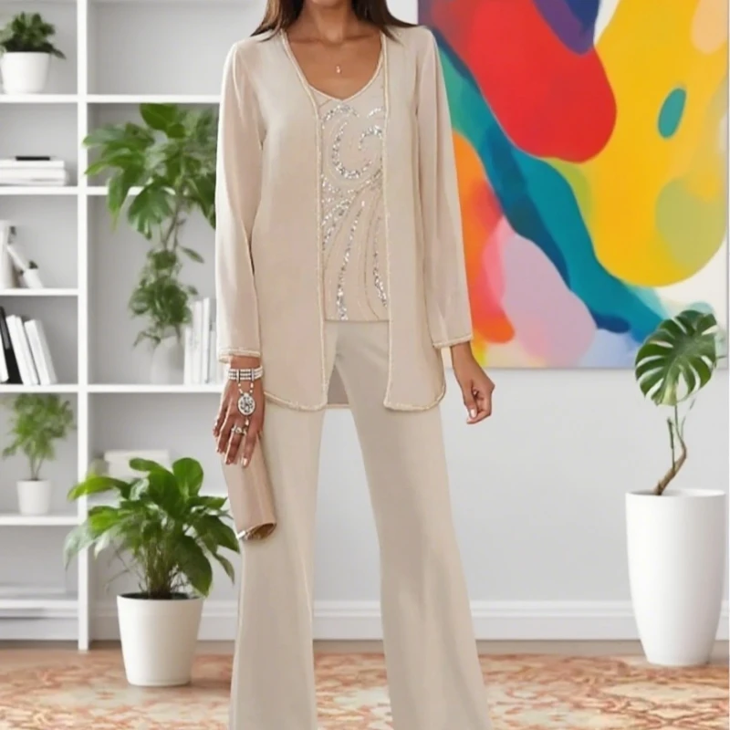 

Pantsuit 3 Piece Mother of the Formal Guest Beading Long Sleeve Jacket Dresses mother of the bride dress Customized