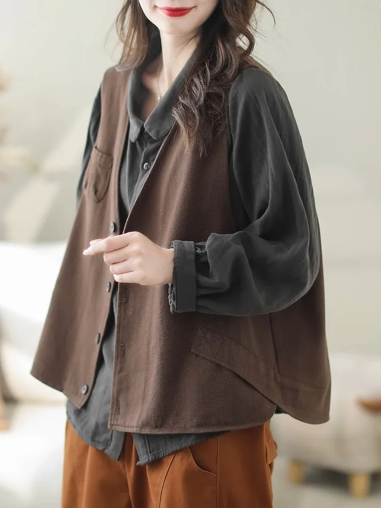 

Женский свободный хлопковый жилет с v-образным вырезом, весна-осень, высококачественная лоскутная куртка, маленькая верхняя одежда, однотонная одежда для поездок на работу