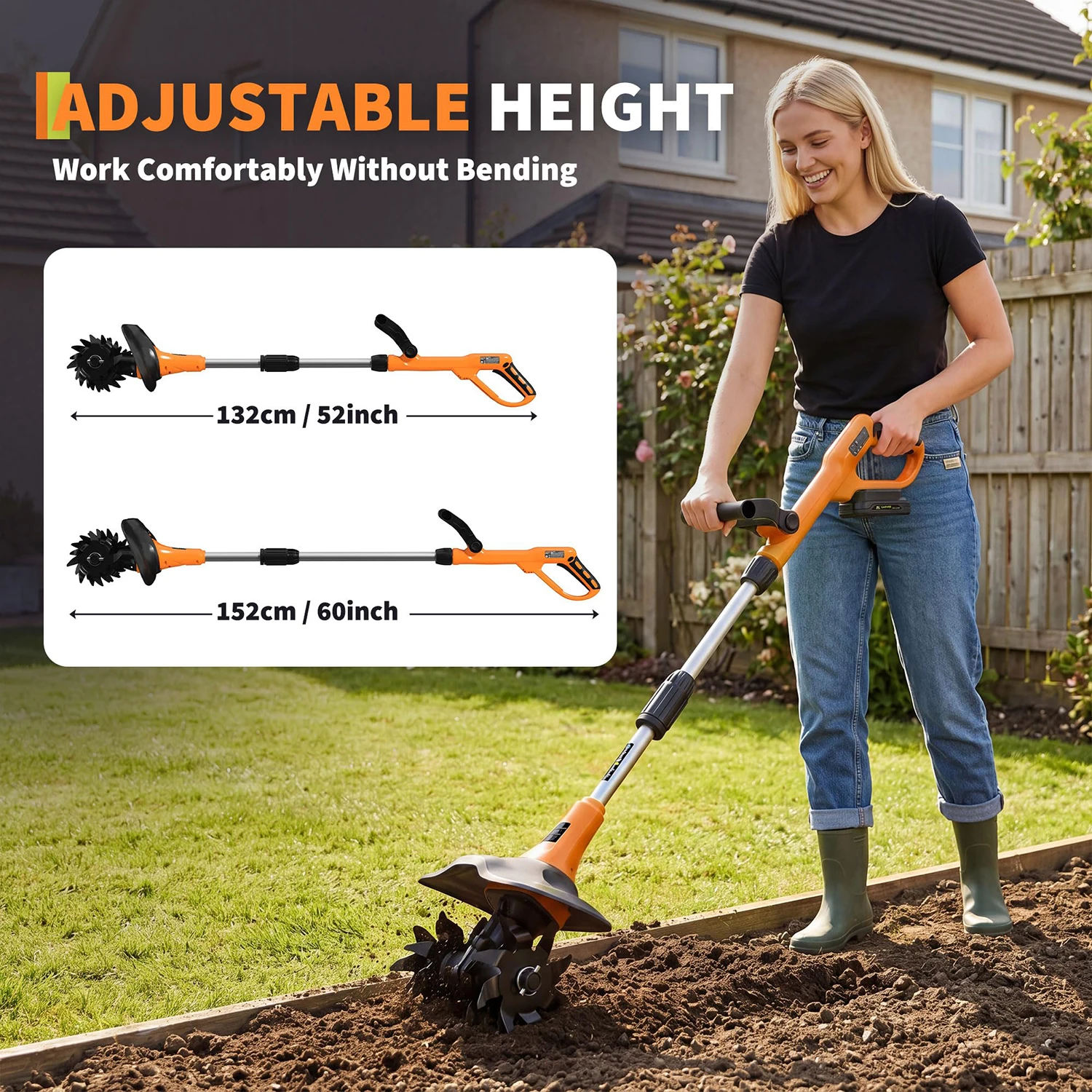 20V Cordless Garden Tiller, 2x2.0Ah Batteries Charger, 9in Width 6.3in Depth, 360RPM Electric Cultivator For Raised Beds Yard view 6